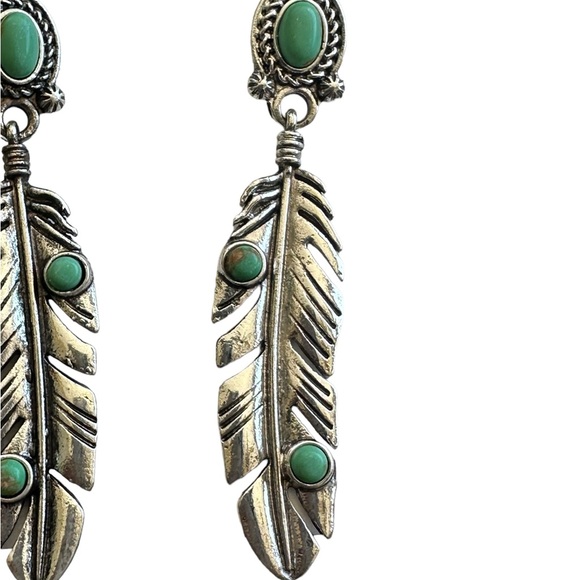Silver Feather Drop Style Earrings with Turquoise Accents - Picture 4 of 4